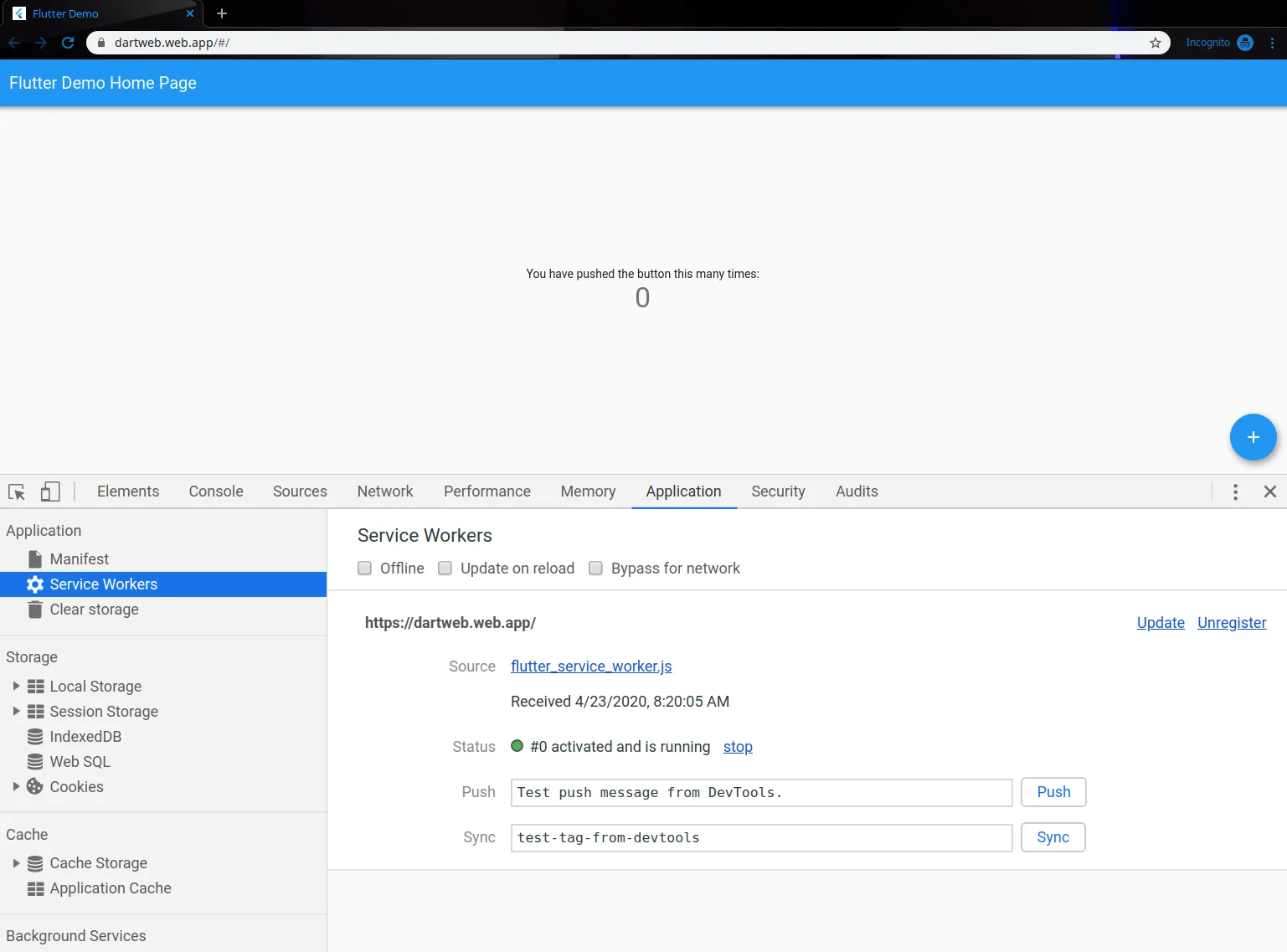 Flutter Web Service Worker activated and running